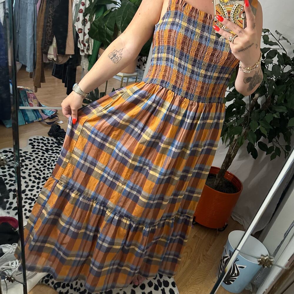 Birds of Paradis Smocked Dolores in Early Harvest Plaid Maxi Dress Multi Large - Picture 5 of 6